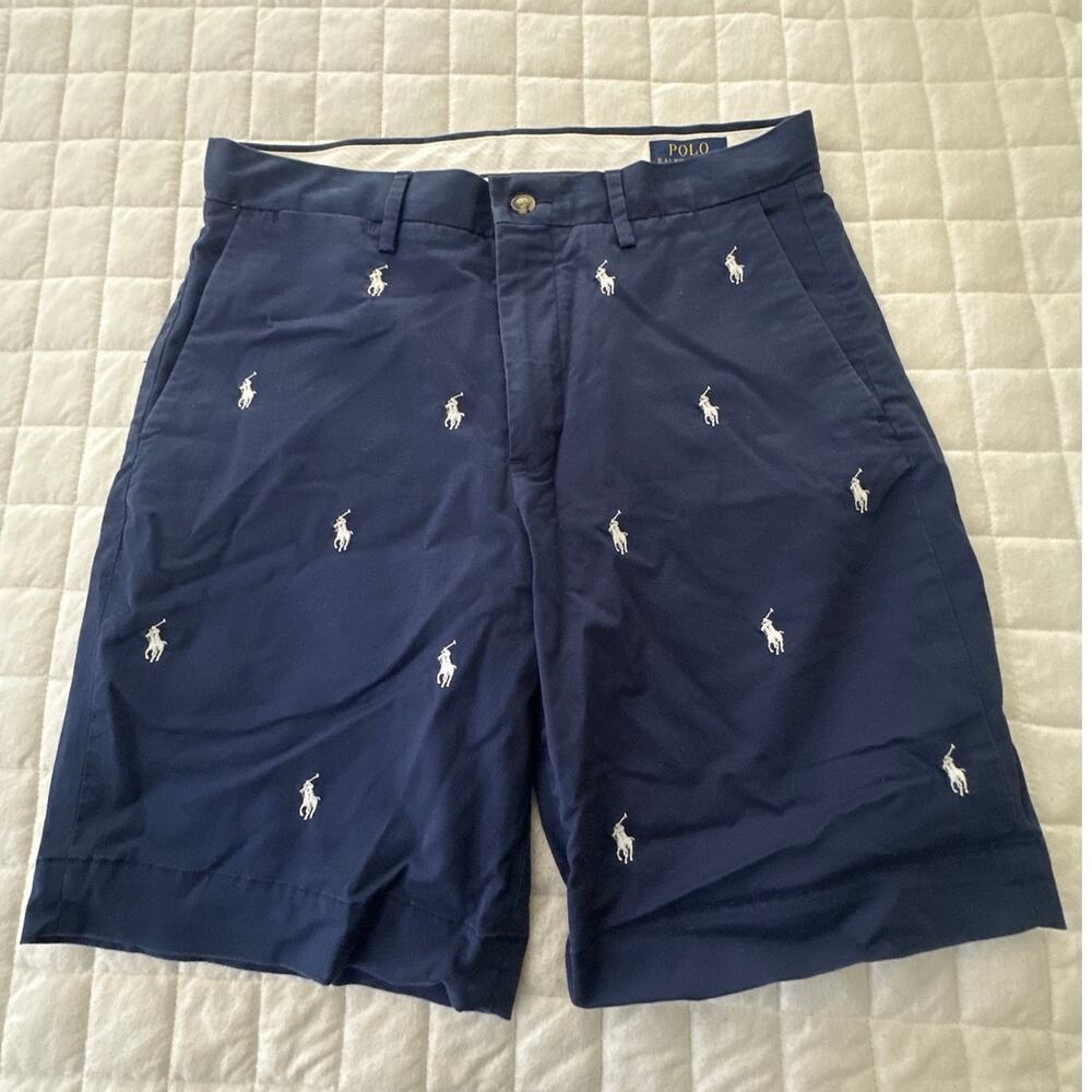 Polo Ralph Lauren Shorts Mens 30 Navy Blue All Over Embroidered Pony Preppy